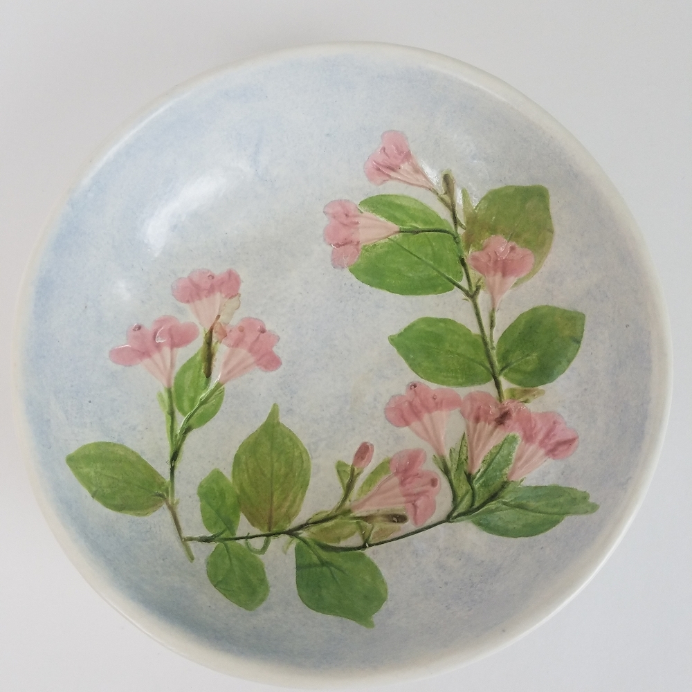 Salt Marsh Pottery bowl, floral decor, may be hung on wall.